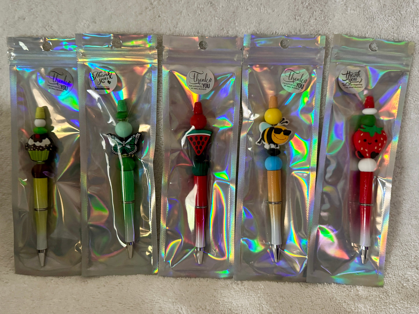 Lot of 4 Summer Fun Theme Beaded Ink Pens Black Ink Refillable - (1 Free Refill each)