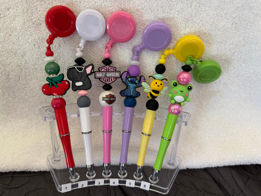 6 Variety Handmade Black Ink Pen with Retractable Badge Reel & Pull Clip
